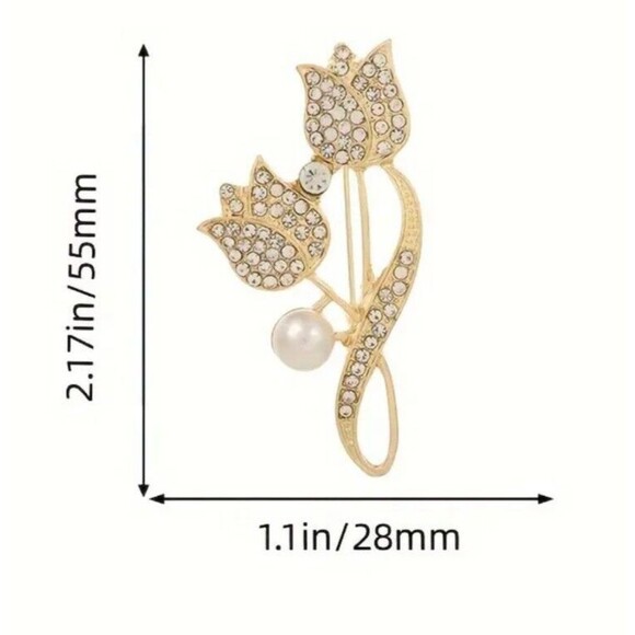 Gold Rhinestones Tulip FLOWER Pearl Brooch Flowers Tulips - Picture 3 of 4